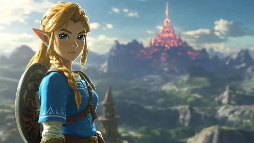 Heroic elf warrior surveys a glowing distant fantasy citadel