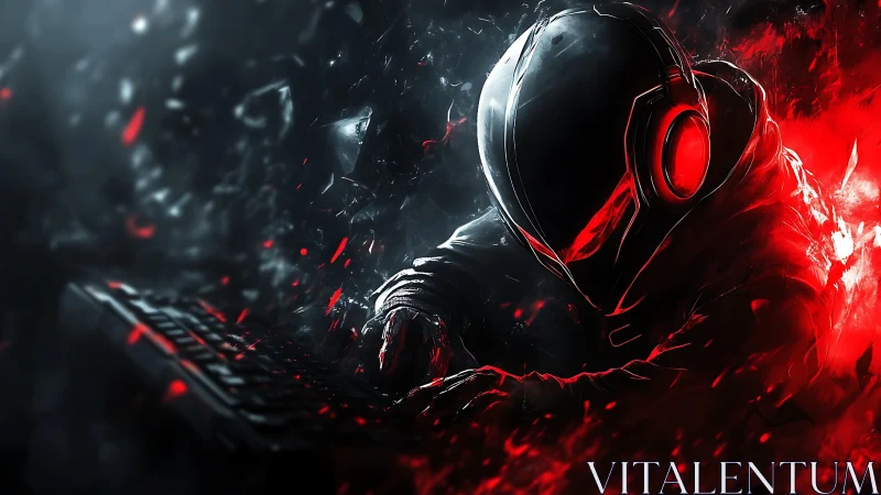 Hooded cyber gamer at keyboard in red and black glow.