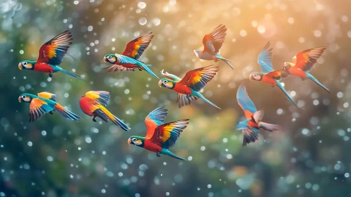 Colorful parrots in flight with dreamy bokeh background, digital art.