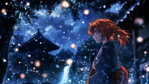 Side-lit anime figure in kimono amid nocturnal shrine waterfall bokeh