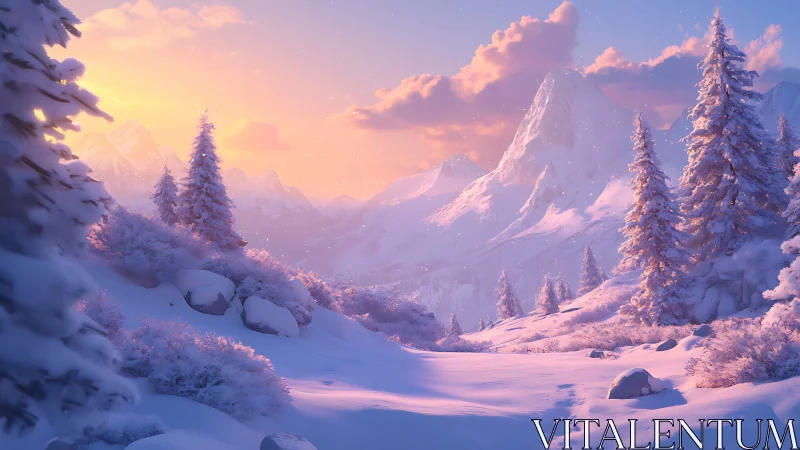Winter mountain valley glows under pastel sunset sky.