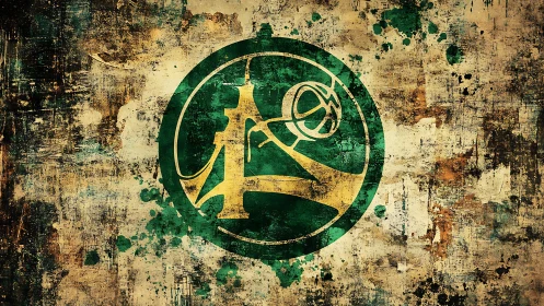 Grunge emblem composition with circular sigil overlayed on patinaed ground.