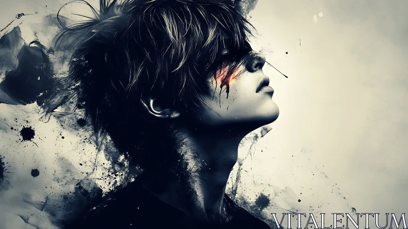 Dark portrait of a youth with abstract ink and red streaks.