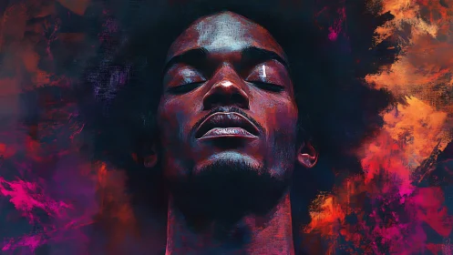 Portrait of serene man amid vivid abstract color clouds