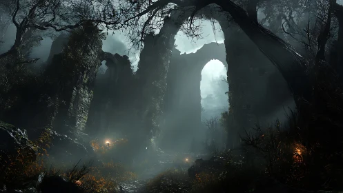 Moonlit ruined archway rises from foggy haunted forest