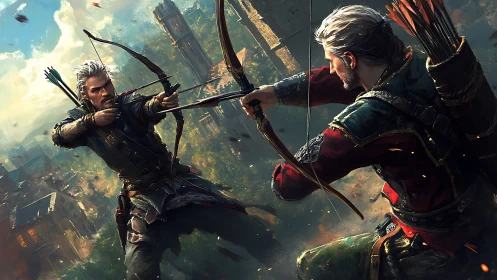 Dueling fantasy archers unleash arrows above a burning city.