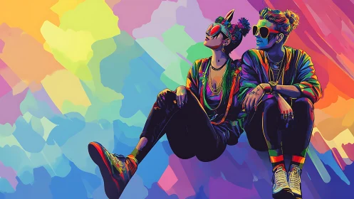 Neon-clad duo in saturated gradient field with stylized rim lighting