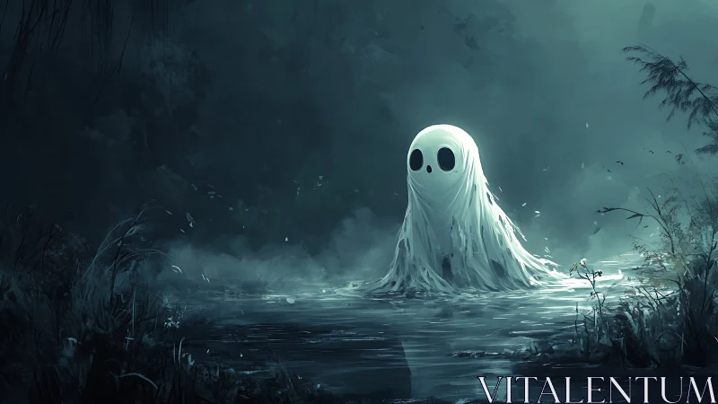 Ghost-like sheet figure stands alone in a misty swamp