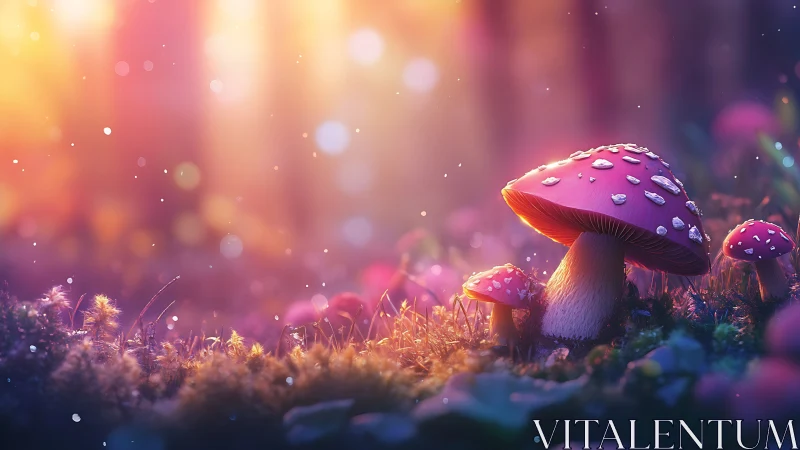 Bioluminescent pink mushrooms in shallow depth forest bokeh