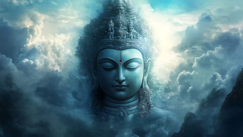 Serene celestial deity resting in quiet, misty blue clouds.