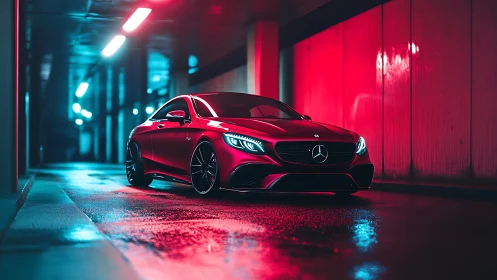 Red coupe cuts through neon-lit tunnel in cinematic low angle