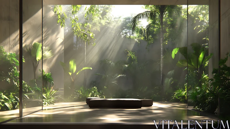 Minimalist lounge opens to lush tropical courtyard garden.