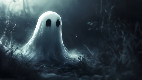 Soft spectral spirit glowing in a misty moonlit forest.