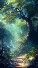 Enchanted Forest Path Where Ancient Trees Whisper Stories.