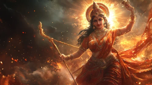 Hindu goddess figure stands in glowing orange and gold light
