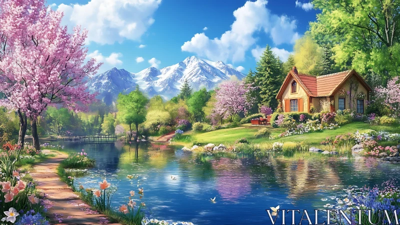 Lakeside cottage with flowering trees and distant snow peaks.