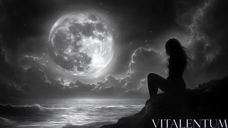 Silhouetted figure studies oversized moon above monochrome sea