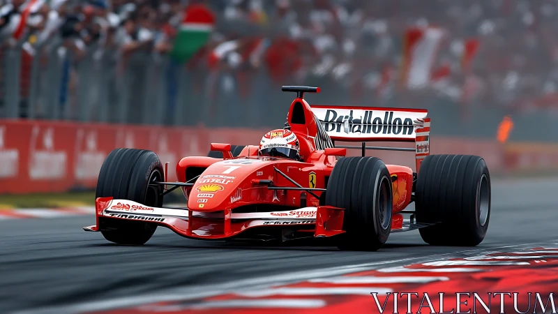 Red Formula 1 car attacking corner on packed grandstand circuit.