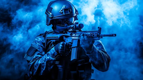 Tactical soldier aims rifle through dense electric blue smoke.