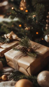 Gift boxes rest under warm bokeh lit Christmas tree