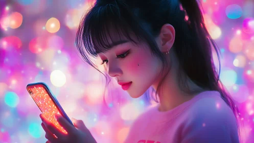 Digital painting portrait with neon bokeh illumination focus.