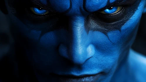 Midnight blue sentinel studies the viewer with molten eyes