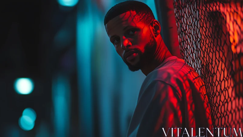 Man leans on chainlink fence under moody red blue neon
