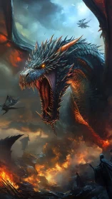 Fire-breathing dragon dominates burning battlefield scene.