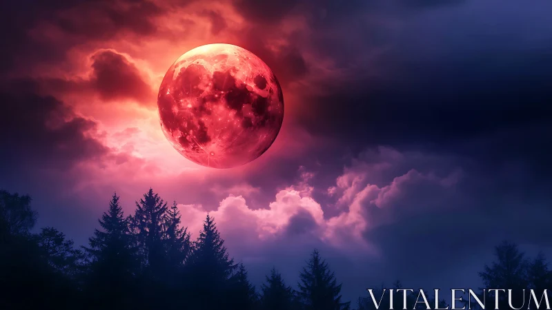 Crimson supermoon rises above dark forest under stormy sky