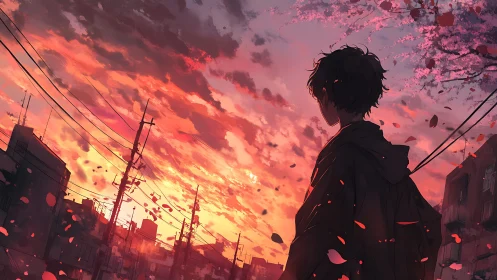 Twilight petals drift while a quiet silhouette rewrites dusk