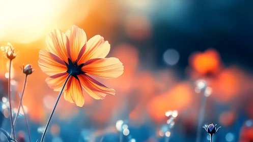 Bright yellow cosmos flower backlit by sunset gradient