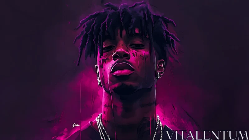 Digital portrait of male figure with magenta neon lighting.