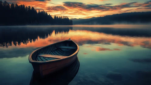 Lonely wooden rowboat cradles sunrise colors on misty lake