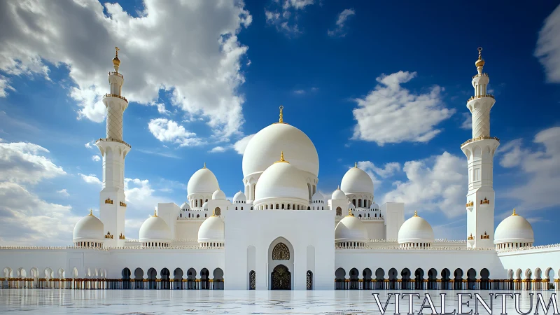 White domed mosque complex under bright blue sky.