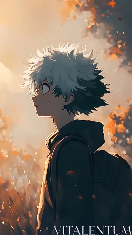 Soft autumn glow around a daydreaming anime wanderer.