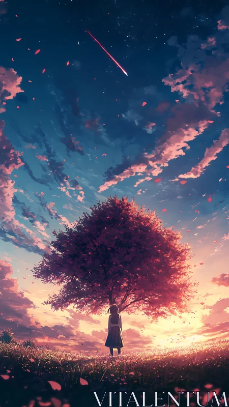 Girl under blossom tree watching radiant meteor sunset.