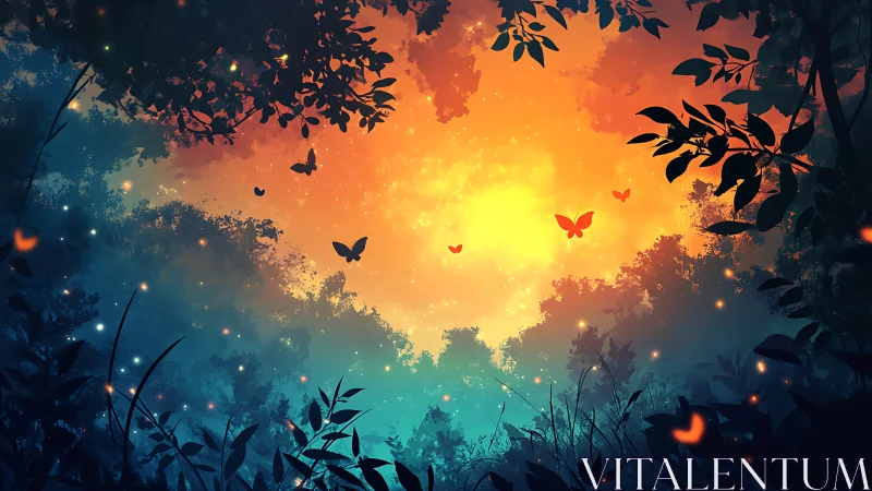 Luminous forest canopy with glowing butterflies at dusk.