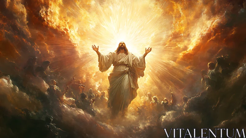 Central robed figure ascends in radiant clouds and intense light