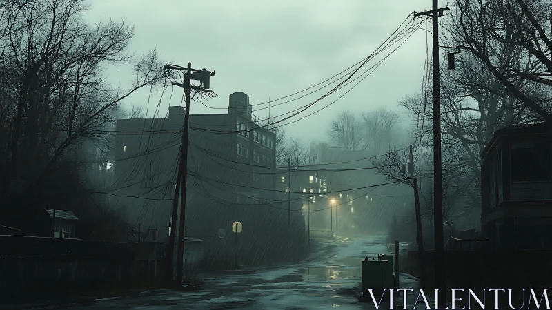 Rain-drenched deserted street before looming foggy block.