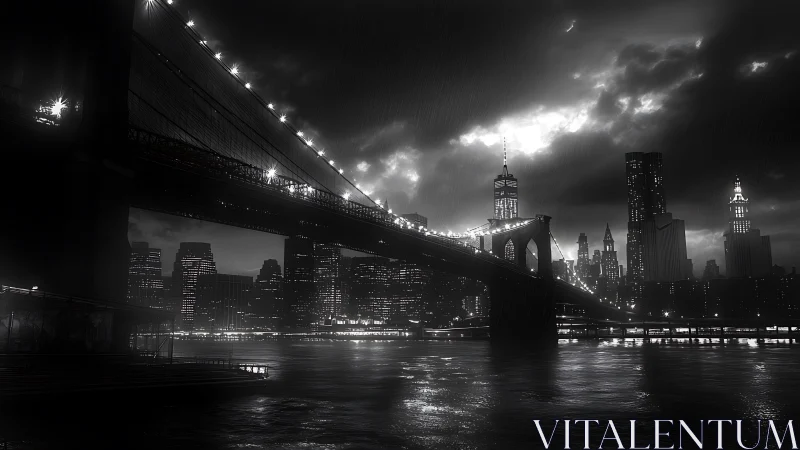 Noir city bridge skyline over river in night rainfall.