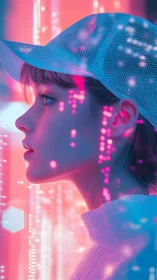 Dreamy neon city gaze with soft cyber glow and wonder.