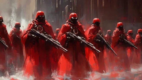 Crimson legionnaires march through a storm of distant war.