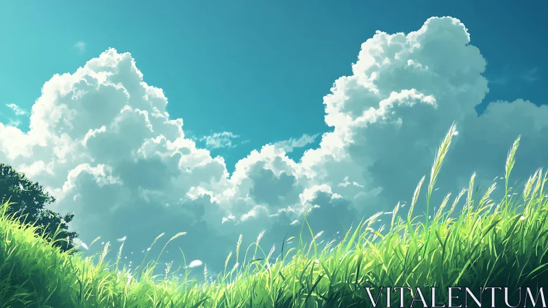 Grassy hillside under cumulus cloud formations at midday.