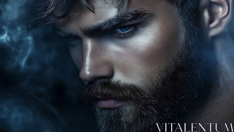 Brooding bearded man stares downward in dramatic blue haze