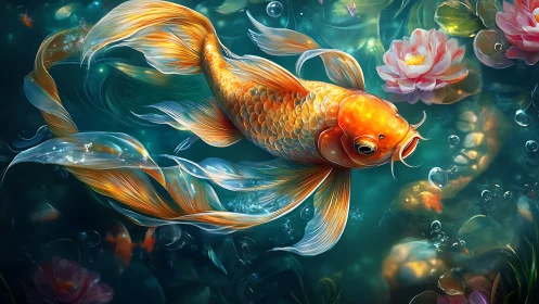 Luminous koi carp gliding through teal pond with lotus blooms.