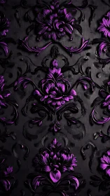 Ornate purple baroque damask pattern on deep black ground.