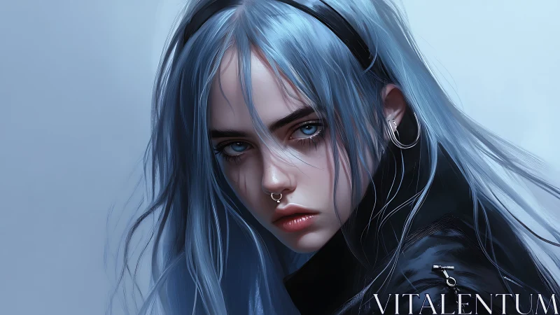 Stormy blue-haired girl gazes ahead with cool defiance