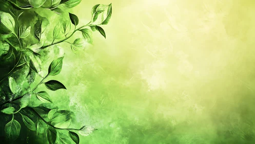 Green foliage branches occupy left side against gradient field