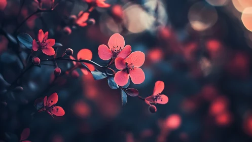 Red blossoms on dark bokeh background in soft focus.