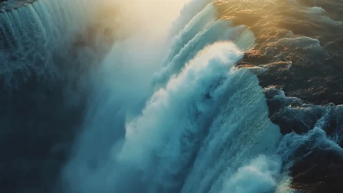 Photorealistic cascading waterfall with golden backlight dynamics.